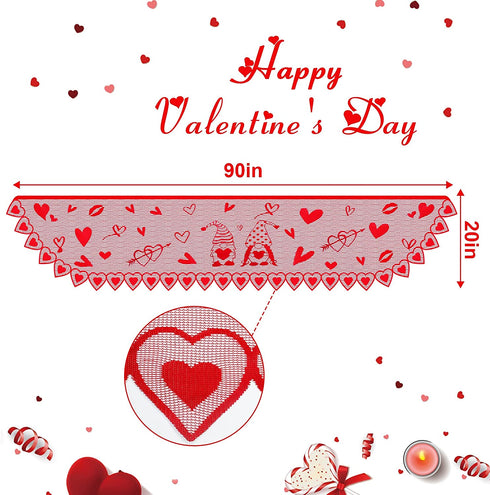 Tifeson Valentines Day Decor, Red Heart Valentines Fireplace Scarf, 20x90 Inch Gnome Lace Valentines Day Mantle Scarves Cover Fireplace Mantel Decor, Valentines Fireplace Decorations Party Supplies