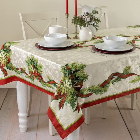Benson Mills Christmas Ribbons Engineered Printed Fabric Tablecloth for Christmas, Winter, and Holiday (60" X 120" Rectangular, Xmas Ribbons)