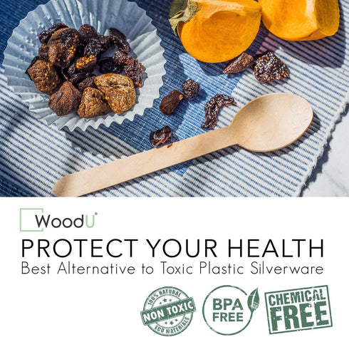 WoodU Disposable Wooden Spoons Natural Birch Wood Biodegradable and Compostable Utensils Cutlery for Party and Dinner- Smooth and round surface (Spoon 200 Pack)