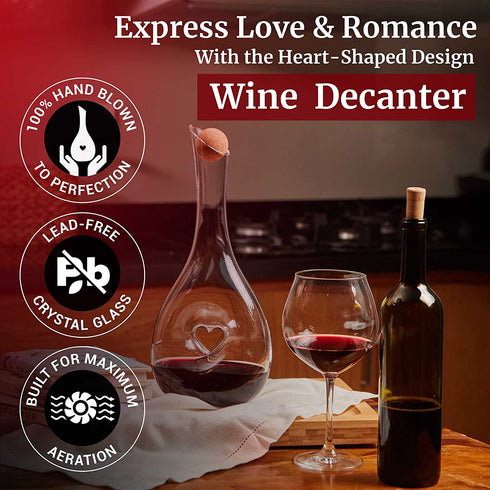 Finest Amore Wine Decanter - 1200ml Heart Shaped Red Wine Carafe with Stopper - Hand Blown Lead-free Crystal Glass, Wine Gift, Wine Accessories