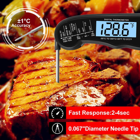 KULUNER TP-01 Waterproof Digital Instant Read Meat Thermometer with 4.6? Folding Probe Backlight & Calibration Function for Cooking Food Candy, BBQ Grill, Liquids,Beef(Black)