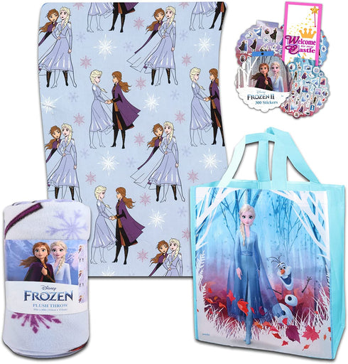 Classic Disney Frozen Sleepover Set for Girls ~ 5 Pc Bundle with 45 x 60 Inch Anna and Elsa Fleece Blanket, Tote Bag, 300 Stickers, More | Bedroom Decor Kids, Toddlers, set, bedding