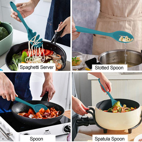 LIANYU 12-Piece Silicone Kitchen Cooking Utensils Set with Holder, Kitchen Tools Include Slotted Spatula Spoon Turner Ladle Tong Whisk, Dishwasher Safe, Dark Blue