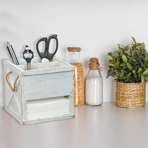 Barnyard Designs Rustic Wood Utensil Caddy with Napkin Holder - 4 Compartment Flatware, Silverware or Utensil Crock and Napkin Slot, Farmhouse Kitchen Decor, White, 7.75" x 7.75 x 6.75" (White/White)