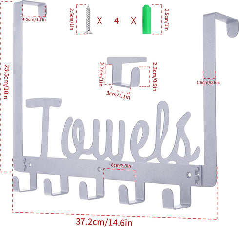 Over The Door 5 Hooks Door Hanger; Over The Door Towel Rack Bathroom Organizer for Hanging Towels Robe Coat Shirt Hat-Silver