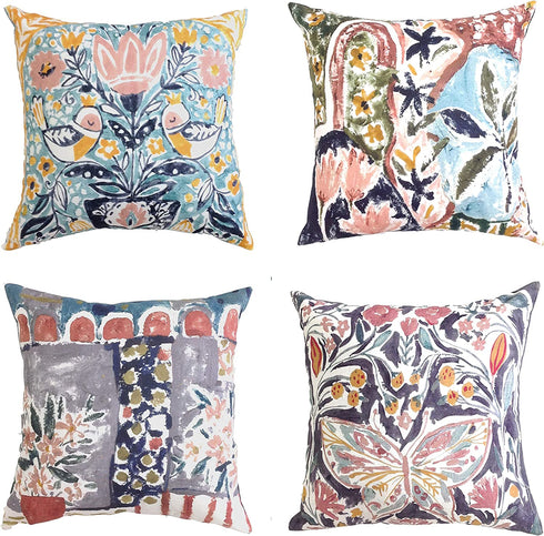 Sofa Throw Pillow Covers - 18x18 Inch Set of 4 Decorative Cushion Covers for Living and Bed Room Decor Hand Painted Designs