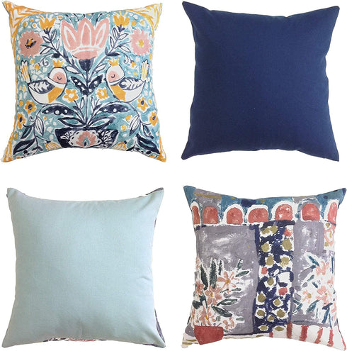 Sofa Throw Pillow Covers - 18x18 Inch Set of 4 Decorative Cushion Covers for Living and Bed Room Decor Hand Painted Designs