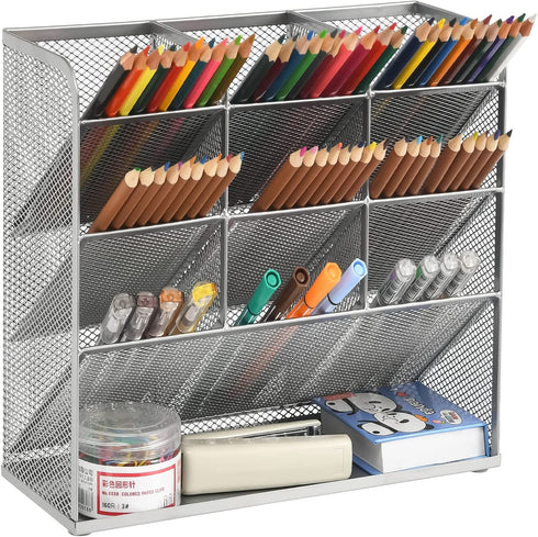 Marbrasse Mesh Desk Organizer, Multi-Functional Pen Holder, Pen Organizer for desk, Desktop Stationary Organizer, Storage Rack for School Home Office Art Supplies (Mesh Pen Holder-Silver)