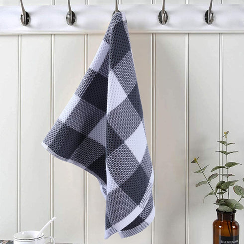 Homaxy 100% Cotton Waffle Weave Check Plaid Kitchen Towels, 13 x 28 Inches, Super Soft and Absorbent Dish Towels for Drying Dishes, 4-Pack, White & Dark Grey