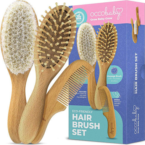 OCCObaby 3-Piece Wooden Baby Hair Brush and Comb Set for Newborns and Toddlers | Natural Soft Goat Bristles for Cradle Cap | Wood Bristles Baby Brush for Massage | Perfect for Baby Registry