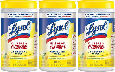 Lysol, Disinfecting Wipes, White, Lemon Lime, 80 Count (Pack of 3), 240 Count