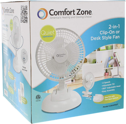Comfort Zone CZ6XMWT-EC 6" Electric Fan, 6" 2 in 1, White