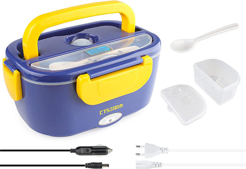 Electric Lunch Box -- Toursion Portable Food Heater 2 in 1 for Car/Truck and Work 110V&12V-24V 40W, Removable Stainless Steel Portable Food Warmer 1.5L, Spoon and 2 Compartments Included (Dark Blue)