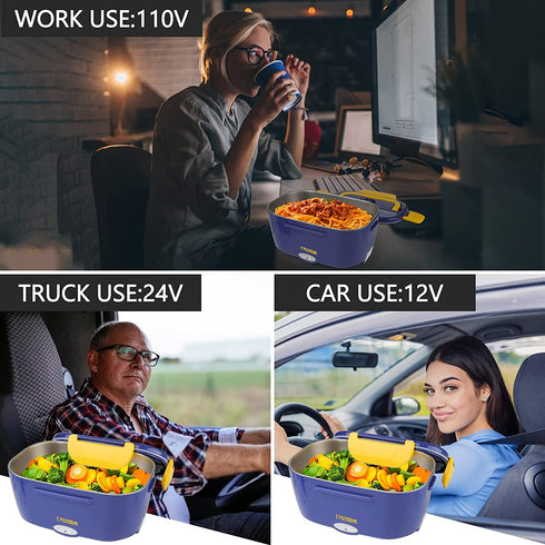Electric Lunch Box -- Toursion Portable Food Heater 2 in 1 for Car/Truck and Work 110V&12V-24V 40W, Removable Stainless Steel Portable Food Warmer 1.5L, Spoon and 2 Compartments Included (Dark Blue)