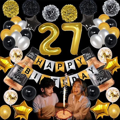 NANINUNENO 27th Gold Birthday Decorations,Gold Black Silver Happy Birthday Balloons Supplies for Boy Men Girl Women,27 Birthday Party Set with27 Gold Number Balloons Happy Birthday Banner and Whiskey Bottle Balloons