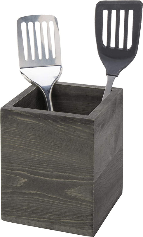 MyGift Rustic Vintage Gray Wood Crock Utensil Holder/Kitchen Essential Organization Square Caddy/Countertop Silverware Organizer Bin