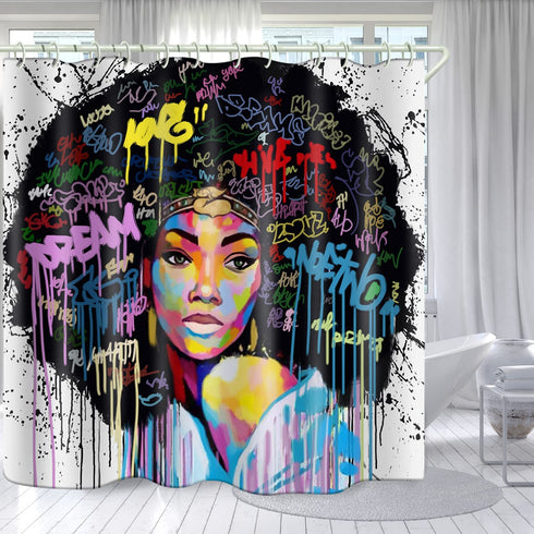 LYFANS, Waterproof Hooks & Liners for Bathroom Accessories ,Polyester Fabric Shower Curtain for Bathtub,Wide Bright African American Black Girl 3D Printed Toilet Room Hangings with Hooks, 60€³ x 72€³