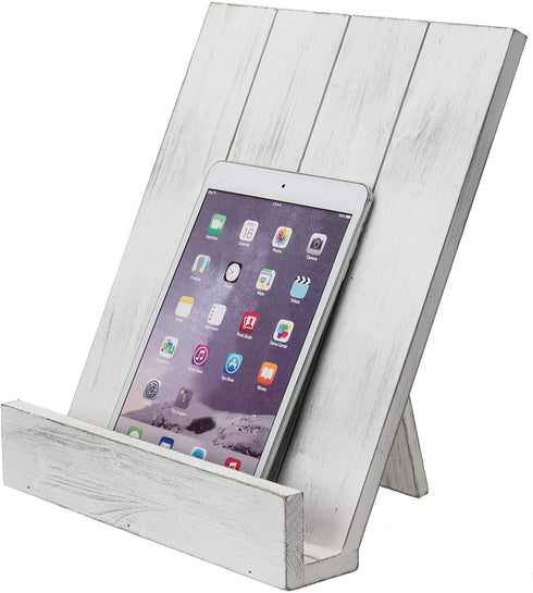 MyGift Vintage White Wood Cookbook Stand - Recipe Binder Reading Book Display and iPad Tablet Easel with Front Panel Page Holder and Kickstand