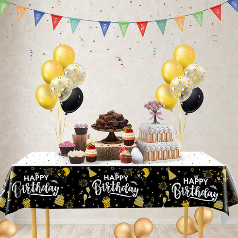 Happy Birthday Decorations, 6pcs Black and Gold Birthday Tablecloth for Men Women, Plastic Disposable Rectangle Table Cover for 90th 80th 70th 60th 50th 40th 30th Birthday Party Decor- 54" x 108"