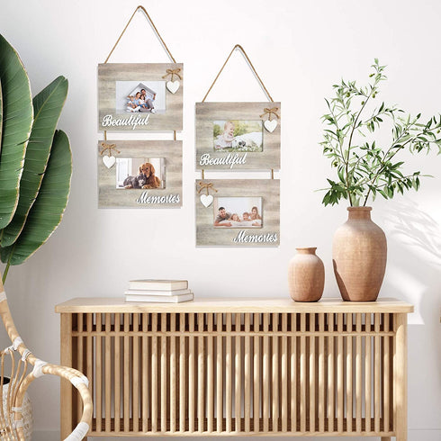 Beautiful Memories Rustic Double Wall Hanging Farmhouse 4x6 Picture Frame Set - A Decorative Collage Photo Frames with Whitewash Style Wood and Shabby Chic Decor. Marcos Para Fotos De Pared.