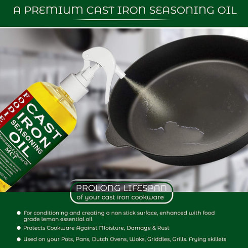 Creation Farm Foodieville Cast Iron Oil Non-stick Conditioner for Seasoning Skillets, Griddles, Flat Top Grills, and more with Oils of Flax, Sesame, and MCT, 12 fl. oz. Sprayer included