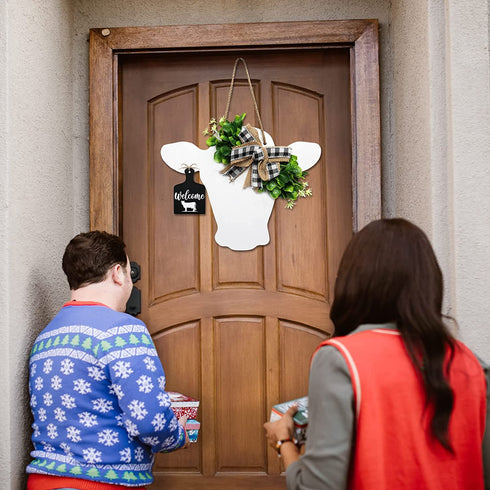 Welcome Farmhouse Cow Head Door Wreath Sign Rustic Wooden Calf Front Door Hanger Buffalo Plaid Burlap Bow And Artificial Leaves Home Restaurant Cafe Outdoor Indoor Decoration Gift Ideas 12"x 15"