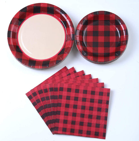 Aneco 98 Pieces Red and Black Plaid Party Supplies Party Tableware Paper Plates and Napkins for 24 Guests