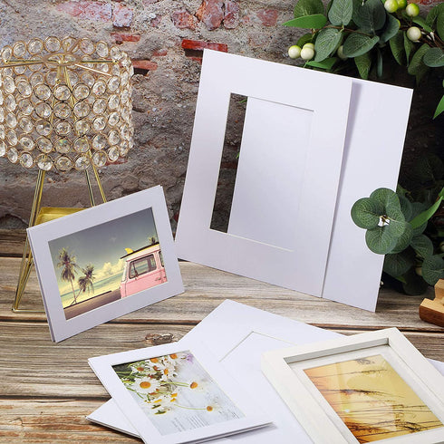 24 Pieces Picture Mats Set, Including 12 Pre-Cut White Photo Frame Mats and 12 White Core Bevel Cutting Mat Boards for 5 x 7, 8 x 10, 11 x 14 Inch Pictures