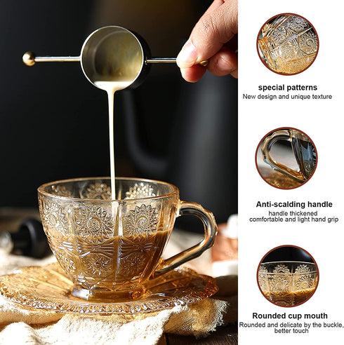Vintage Glass Sun Flower Tea Cup, Glass Tea Cup and Saucer Set, Coffee Mug Cup-Embossed Glass, 7.2 oz (Amber)