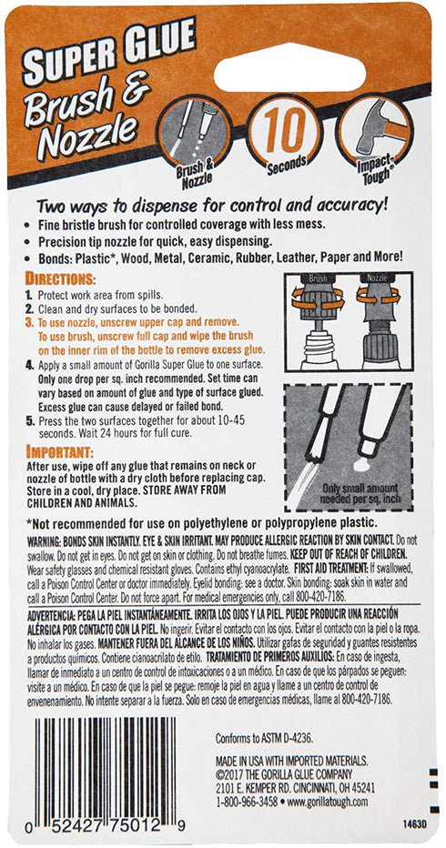 Gorilla Super Glue with Brush & Nozzle Applicator, 10 Gram, Clear, (Pack of 2)