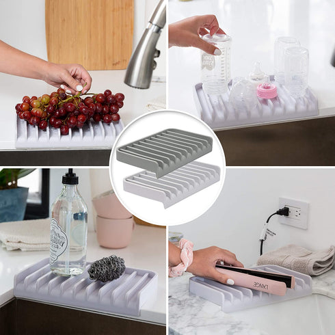 EFFILOGIC Silicone Sponge Holder Tray - Self Draining Kitchen Soap Tray Unique Kitchen Sink Organizer for Dishwashing Accessories Faucet Splash Catcher for Sink - Large 9.8" x 5.8" Black