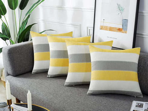 AmHoo Pack of 2 Farmhouse Stripe Check Throw Pillow Covers Set Case Cotton Linen Decorative Pillowcases Cushion Cover for Couch Bench Sofa 18x18Inch Yellow Beige