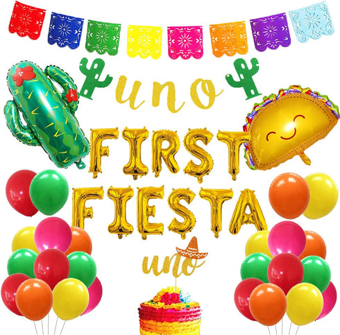 First Fiesta Birthday Decorations - Mexican 1st Birthday Party Supplies Gold First Fiesta Balloons, Mexican Uno Cactus Banner Cake Topper for Taco Bout Uno Cinco De Mayo Party Decor