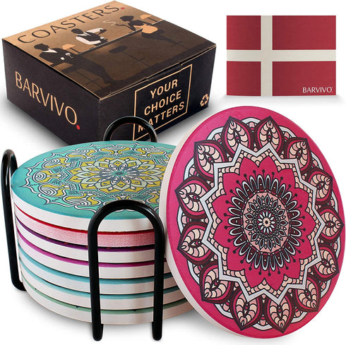 BARVIVO Mandala Ceramic Coasters for Drinks Absorbent Set of 8 with Holder - Quickly Absorbing Condensation - Perfect Drink Coasters for Wooden Table Stain Protection with Scratch Preventing Cork Base