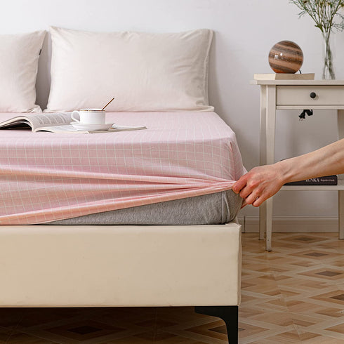 AOJIM Pure Cotton Printing Fitted Sheet Twin Size 39"x75" with 15" Deep Pocket Design Pink Grids Mattress Cover for Kids/Adults / Only One Piece