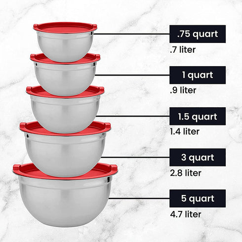 Meal Prep Stainless Steel Mixing Bowls Set, Home, Refrigerator, and Kitchen Food Storage Organizers | Ecofriendly, Reusable, Heavy Duty By WHYSKO (With Red Lids)
