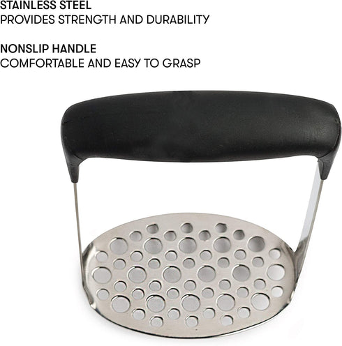 Cooking Light Heavy Duty Stainless Steel Masher, Broad and Ergonomic Horizontal, Fine Plate for Smooth Mashed Potatoes, Soft Grip and Non-Slip Handle, Stainless, Black