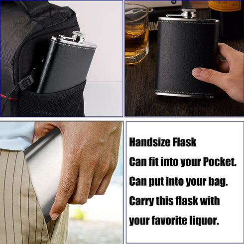 Hip Flask for Men Liquor Flask Stainless Steel Leak proof Flask with Funnel set for Women Pocket Alcohol Drinking Flask set 8OZ (Black Leather)