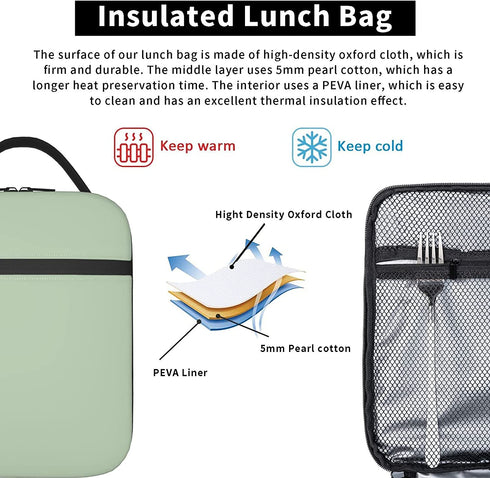 YvoneDBrownn Solid Sage Mint Green Matching Lunch Bag Cooler Bag Women Tote Bag Insulated Lunch Box Water-resistant Thermal for womenPicnicBoatingBeachFishingWork, Black, One Size