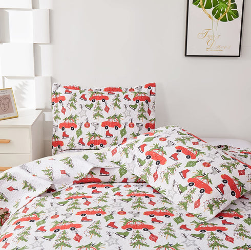Kids Quilts Set King Size, Boy Tree Bedding Lightweight Reversible Red Bus Cartoon Bedspread Coverlet Gift Teens Child Holiday Decor (Red White, King)