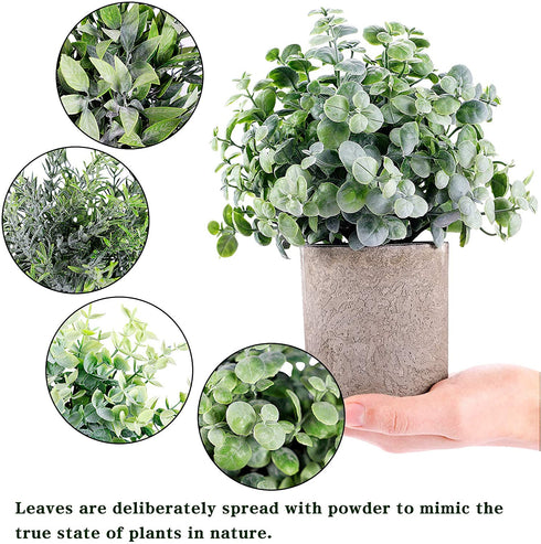 CEWOR 4 Packs Artificial Mini Potted Plants Fake Grey Greenery Eucalyptus Rosemary Boxwood Plastic Centerpiece for Bathroom Shelf Home Office Desk Table Indoor Decor