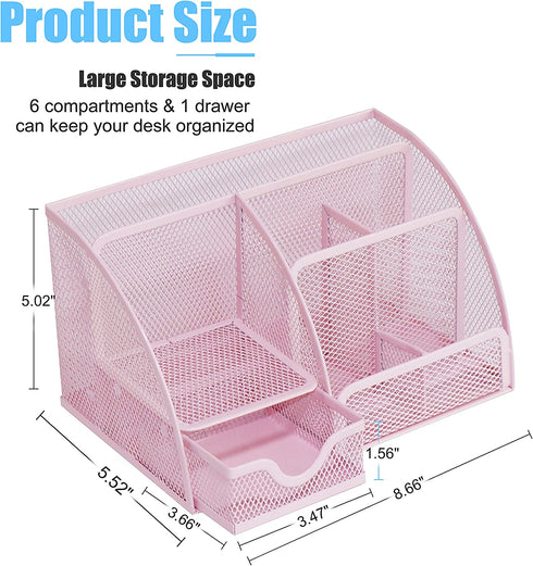 Desk Organizer Office Accessories, Multi-Functional Mesh Desk Organizer with 6 Compartments and 1 Drawer for Home, Office, School, Workshop, kitchen (Pink)