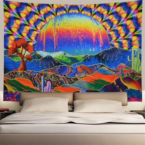 Trippy Tapestry Planet and Mountains Wall Tapestry Psychedelic Tapestry Mushrooms Cactus Wall Hanging Tapestry Mountian Tree Tapestries for Living Room Dorm Decor W78"—H59"