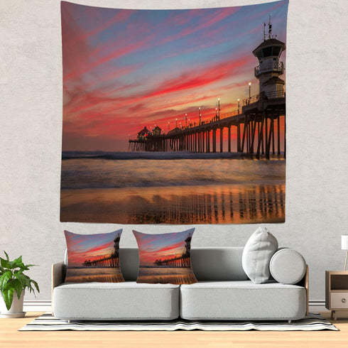 Batmerry Sunset Beach Surf City Tapestry, Huntington Beach Pier Picnic Mat Hippie Trippy Tapestry Wall Art Meditation Decor for Bedroom Living Room Dorm, 59.1 x 59.1 Inches, Blue Dusk Gold