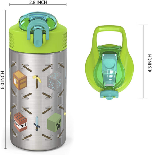 Zak Designs 15.5oz Minecraft 18/8 Single Wall Stainless Steel Kids Water Bottle with Flip-up Straw Spout and Locking Spout Cover, Durable Cup for Sports or Travel (15.5oz, Minecraft)