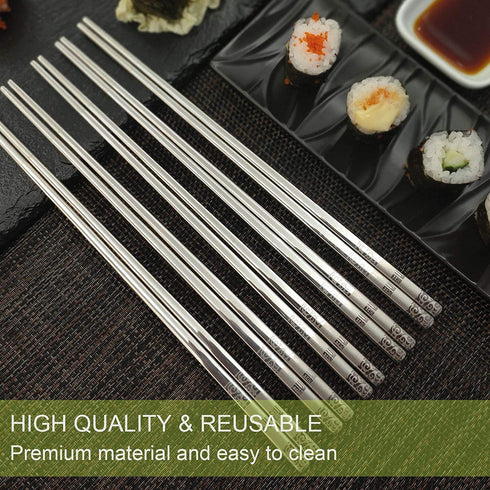 Metal Chopsticks Reusable 5 Pairs Stainless Steel Chopsticks Dishwasher Safe Square Lightweight Non-Slip Chop Sticks Gift Set (Silver)