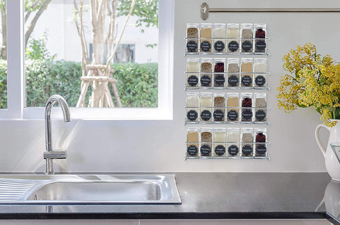 Spice Racks Organizer For Cabinet Door Mount, Wall Mounted: Unique Racks Design to Secure Jars - Set of 4 Spices & Seasoning Chrome Hanging Shelf Kit - Storage in Kitchen, Pantry, Cupboard, Countertop