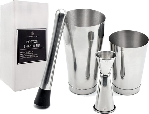 TheBarsentials Boston Shaker Set for Cocktails with 28oz and 18oz Weighted Tins, Professional Muddler and Jigger - Stainless Steel Bar Tools (4pc set)