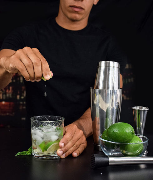 TheBarsentials Boston Shaker Set for Cocktails with 28oz and 18oz Weighted Tins, Professional Muddler and Jigger - Stainless Steel Bar Tools (4pc set)