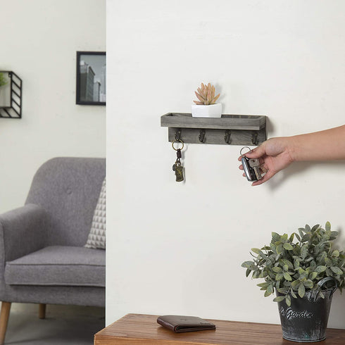 MyGift Floating Wall Shelf with Hooks, Vintage Grey Wood Entryway Storage Shelf with 4 Metal Key Hooks